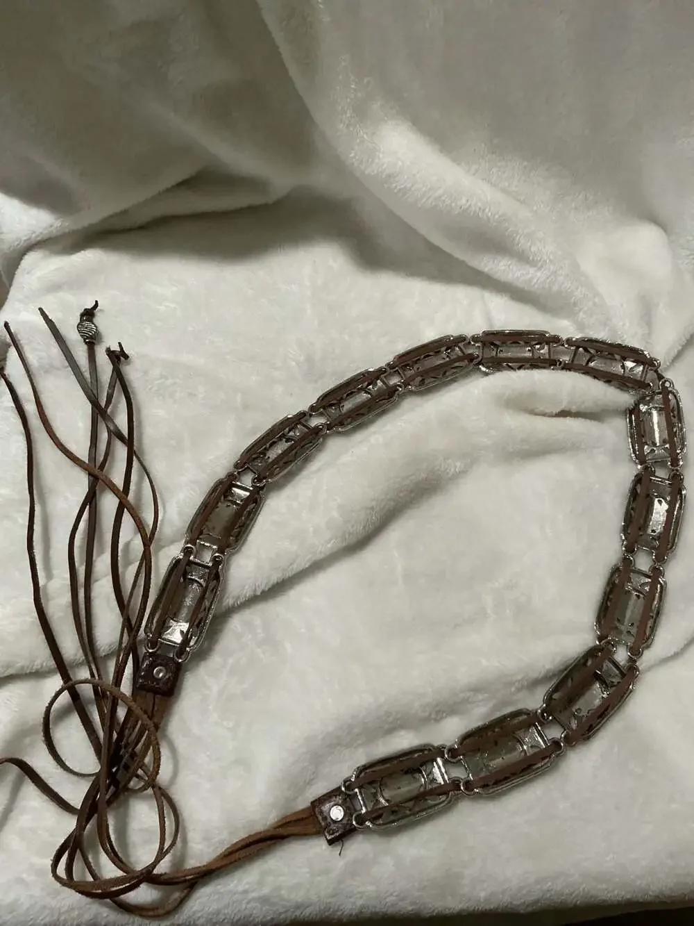 Vintage Brighton Ornate Filigree Concho Brown Leather Link Belt with Tassels